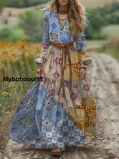 Retro Boho Floral Art Print Vintage Chic V-Neck Button Belt Long Sleeve Midi Dress A / S