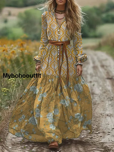 Retro Boho Floral Art Print Vintage Chic V-Neck Button Belt Long Sleeve Midi Dress A / S