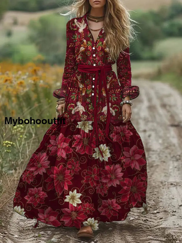 Retro Boho Floral Art Print Vintage Chic V-Neck Button Belt Long Sleeve Midi Dress A / S