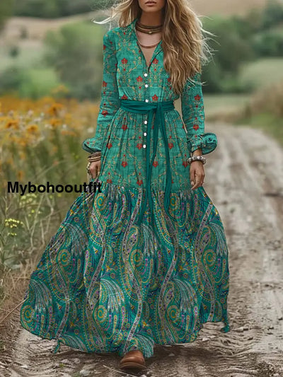 Retro Boho Floral Art Print Vintage Chic V-Neck Button Belt Long Sleeve Midi Dress A / S