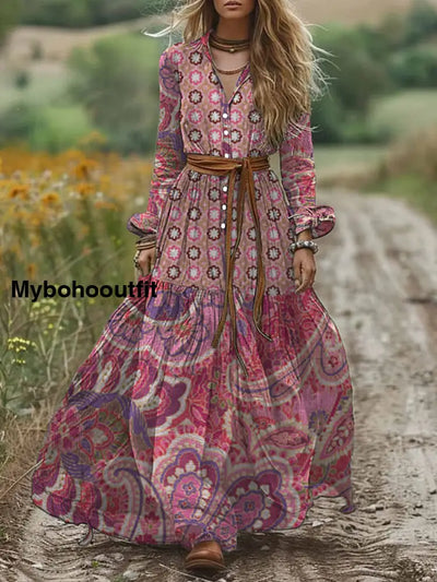 Retro Boho Floral Art Print Vintage Chic V-Neck Button Belt Long Sleeve Midi Dress A / S