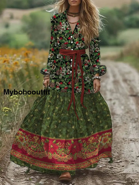 Retro Boho Floral Art Print Vintage Chic V-Neck Button Belt Long Sleeve Midi Dress A / S