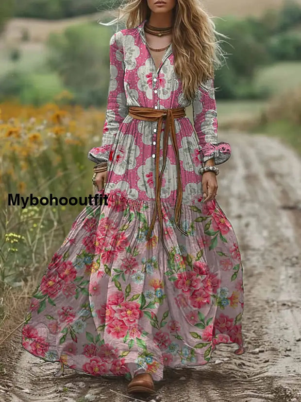 Retro Boho Floral Art Print Vintage Chic V-Neck Button Belt Long Sleeve Midi Dress A / S