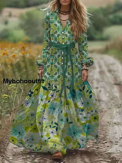 Retro Boho Floral Art Print Vintage Chic V-Neck Button Belt Long Sleeve Midi Dress A / S