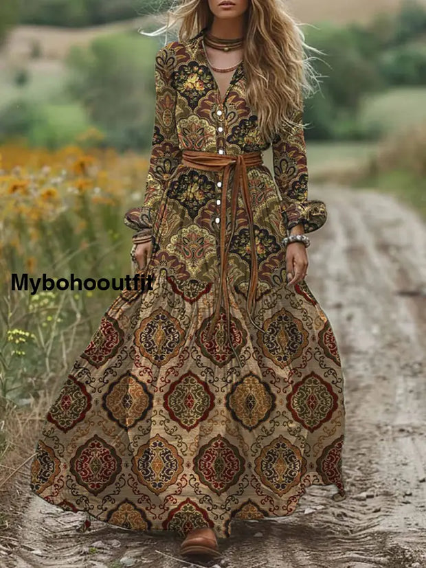 Retro Boho Floral Art Print Vintage Chic V-Neck Button Belt Long Sleeve Midi Dress A / S