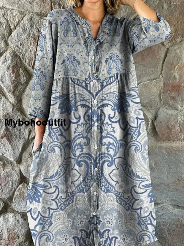 Retro Boho Floral Art Print Vintage Chic V-Neck Button Up Long Sleeve Midi Dress A / S