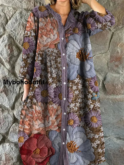 Retro Boho Floral Art Print Vintage Chic V-Neck Button Up Long Sleeve Midi Dress A / S