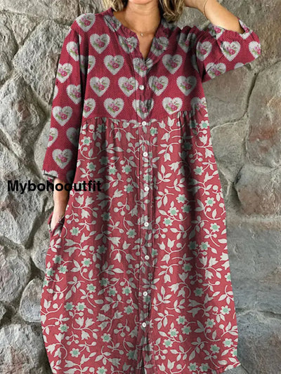 Retro Boho Floral Art Print Vintage Chic V-Neck Button Up Long Sleeve Midi Dress A / S