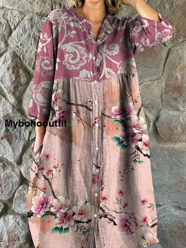 Retro Boho Floral Art Print Vintage Chic V-Neck Button Up Long Sleeve Midi Dress A / S