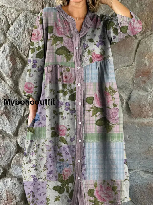 Retro Boho Floral Art Print Vintage Chic V-Neck Button Up Long Sleeve Midi Dress A / S