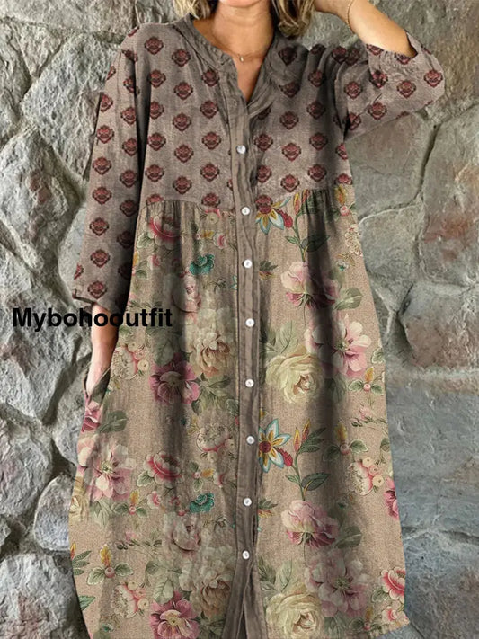 Retro Boho Floral Art Print Vintage Chic V-Neck Button Up Long Sleeve Midi Dress A / S