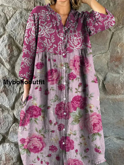 Retro Boho Floral Art Print Vintage Chic V-Neck Button Up Long Sleeve Midi Dress A / S