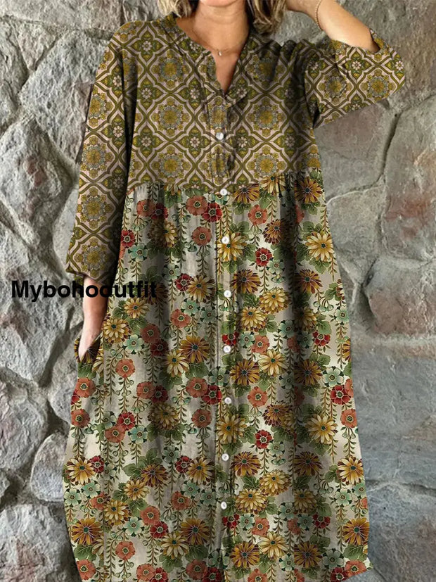 Retro Boho Floral Art Print Vintage Chic V-Neck Button Up Long Sleeve Midi Dress A / S