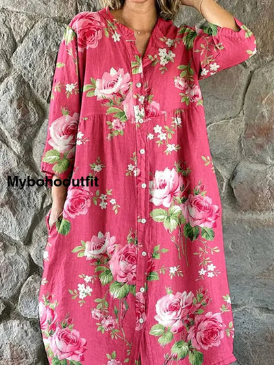 Retro Boho Floral Art Print Vintage Chic V-Neck Button Up Long Sleeve Midi Dress A / S