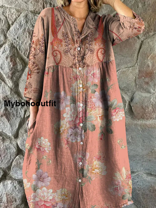 Retro Boho Floral Art Print Vintage Chic V-Neck Button Up Long Sleeve Midi Dress A / S