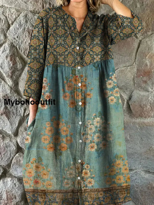Retro Boho Floral Art Print Vintage Chic V-Neck Button Up Long Sleeve Midi Dress A / S