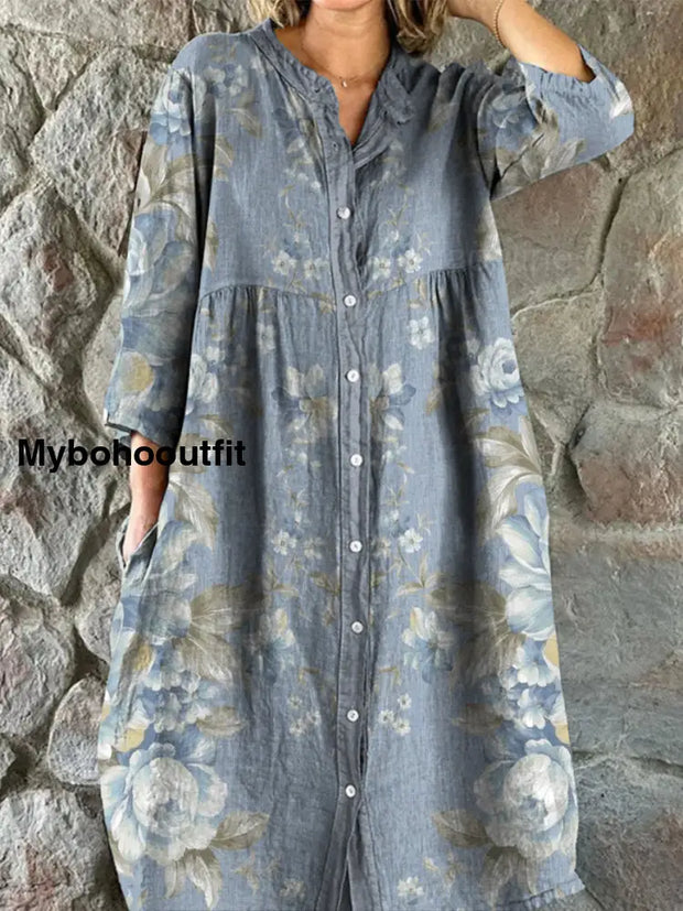 Retro Boho Floral Art Print Vintage Chic V-Neck Button Up Long Sleeve Midi Dress A / S