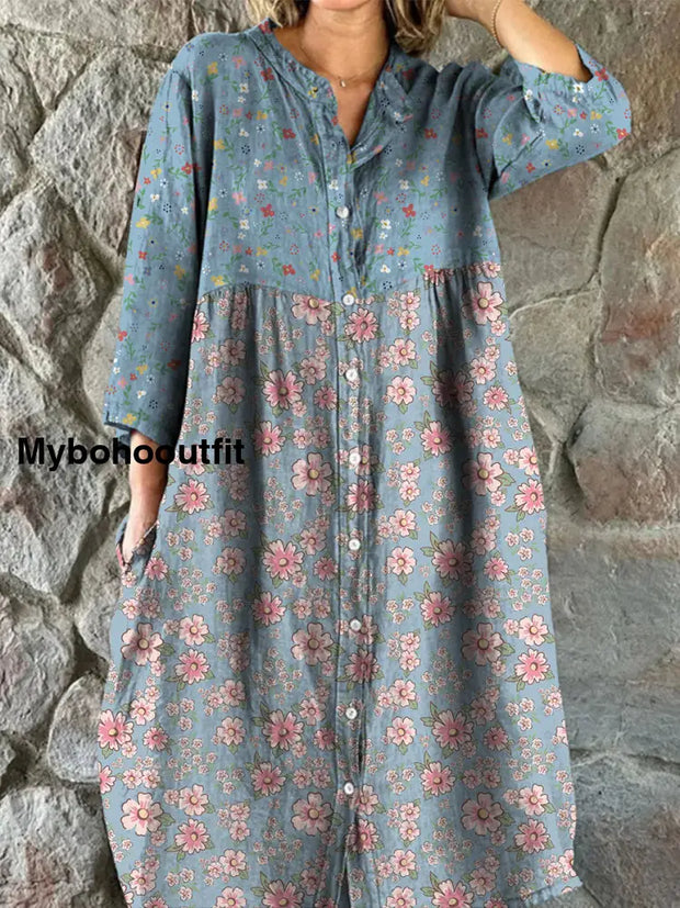 Retro Boho Floral Art Print Vintage Chic V-Neck Button Up Long Sleeve Midi Dress A / S