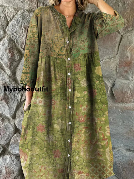 Retro Boho Floral Art Print Vintage Chic V-Neck Button Up Long Sleeve Midi Dress A / S