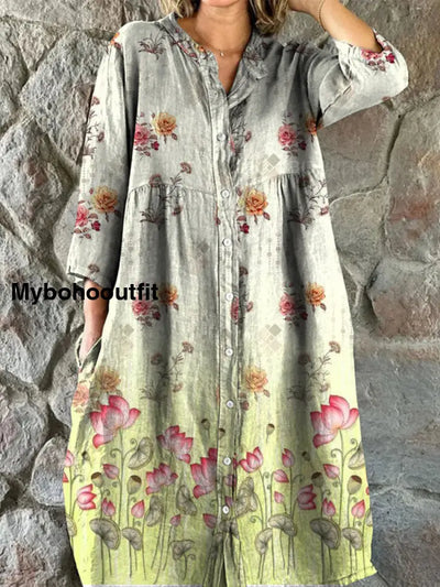 Retro Boho Floral Art Print Vintage Chic V-Neck Button Up Long Sleeve Midi Dress A / S