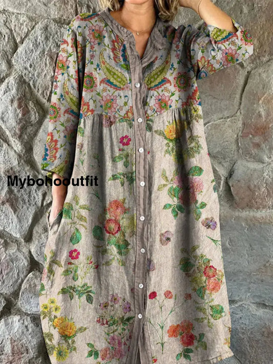 Retro Boho Floral Art Print Vintage Chic V-Neck Button Up Long Sleeve Midi Dress A / S