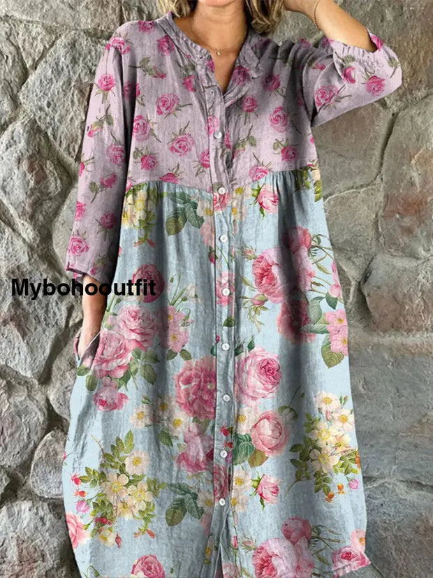 Retro Boho Floral Art Print Vintage Chic V-Neck Button Up Long Sleeve Midi Dress A / S