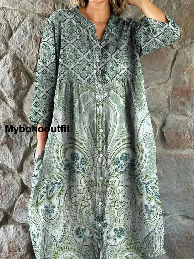 Retro Boho Floral Art Print Vintage Chic V-Neck Button Up Long Sleeve Midi Dress A / S