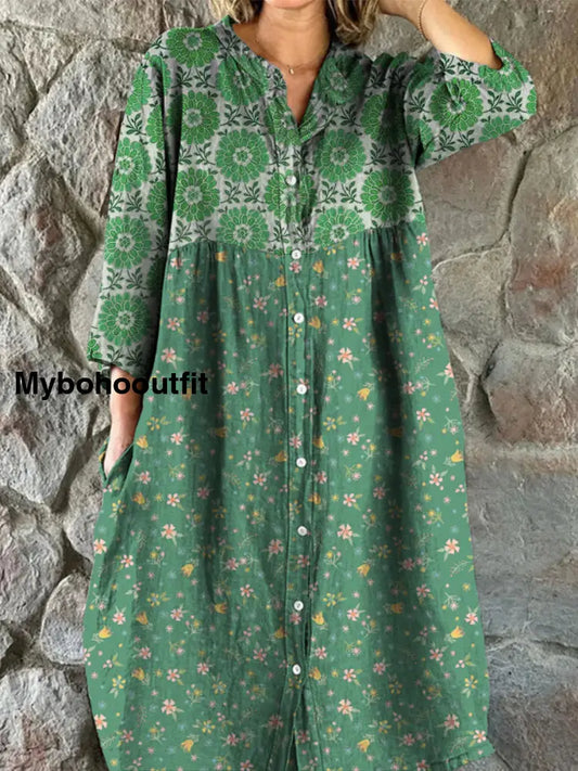 Retro Boho Floral Art Print Vintage Chic V-Neck Button Up Long Sleeve Midi Dress A / S