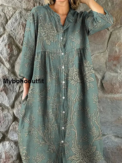 Retro Boho Floral Art Print Vintage Chic V-Neck Button Up Long Sleeve Midi Dress A / S