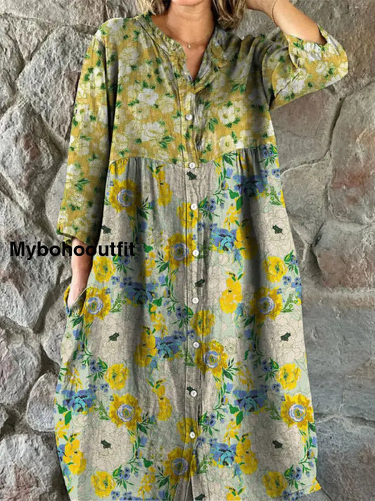 Retro Boho Floral Art Print Vintage Chic V-Neck Button Up Long Sleeve Midi Dress A / S