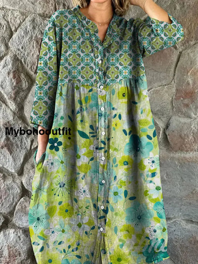 Retro Boho Floral Art Print Vintage Chic V-Neck Button Up Long Sleeve Midi Dress A / S