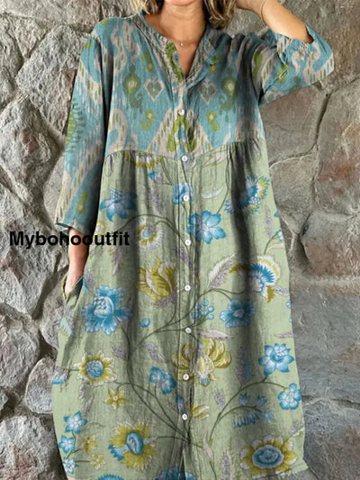 Retro Boho Floral Art Print Vintage Chic V-Neck Button Up Long Sleeve Midi Dress A / S