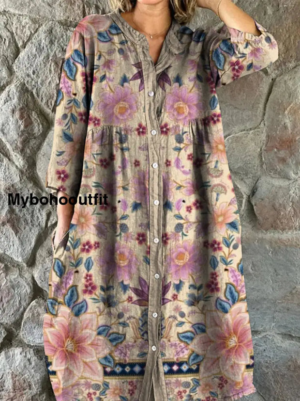 Retro Boho Floral Art Print Vintage Chic V-Neck Button Up Long Sleeve Midi Dress A / S