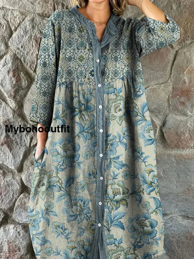 Retro Boho Floral Art Print Vintage Chic V-Neck Button Up Long Sleeve Midi Dress A / S