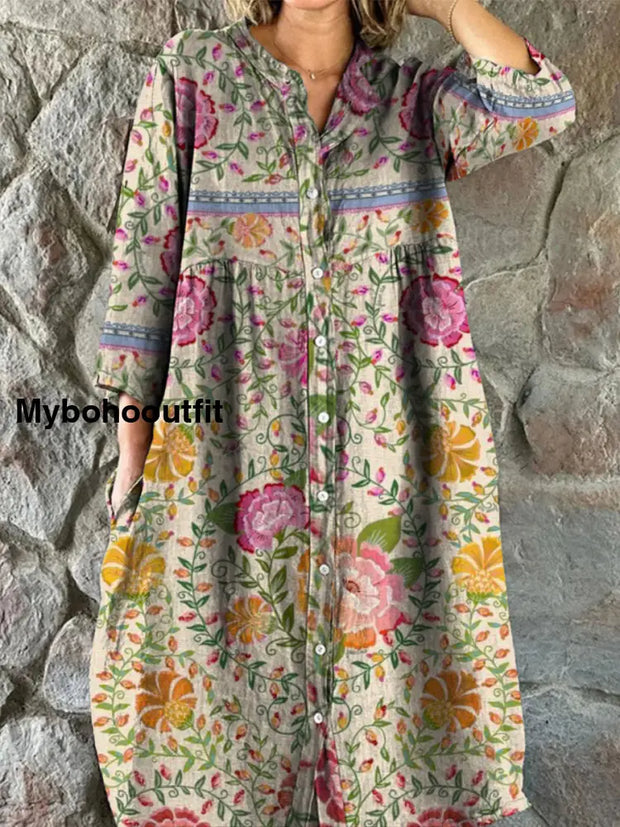 Retro Boho Floral Art Print Vintage Chic V-Neck Button Up Long Sleeve Midi Dress A / S