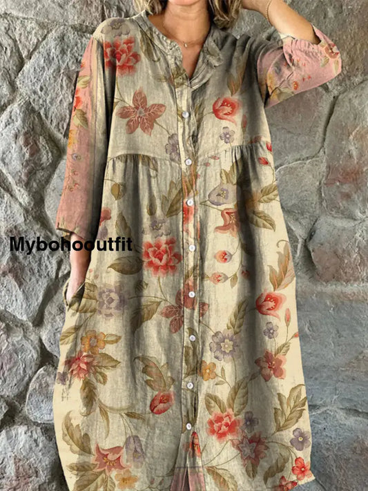 Retro Boho Floral Art Print Vintage Chic V-Neck Button Up Long Sleeve Midi Dress A / S