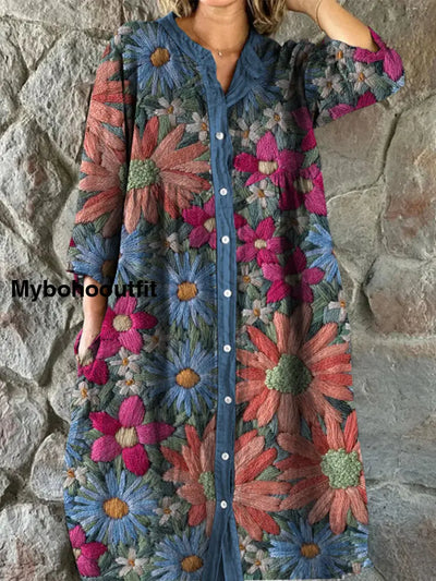 Retro Boho Floral Art Print Vintage Chic V-Neck Button Up Long Sleeve Midi Dress A / S