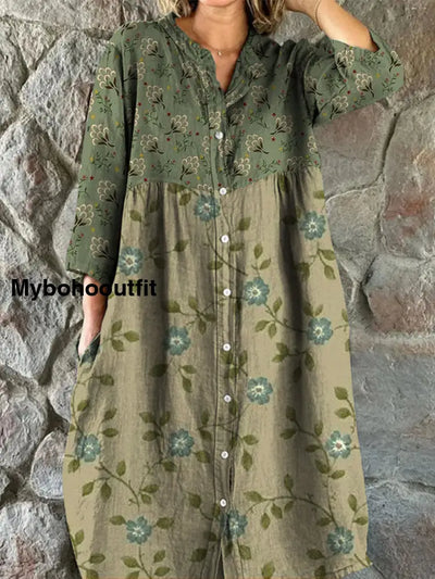 Retro Boho Floral Art Print Vintage Chic V-Neck Button Up Long Sleeve Midi Dress A / S