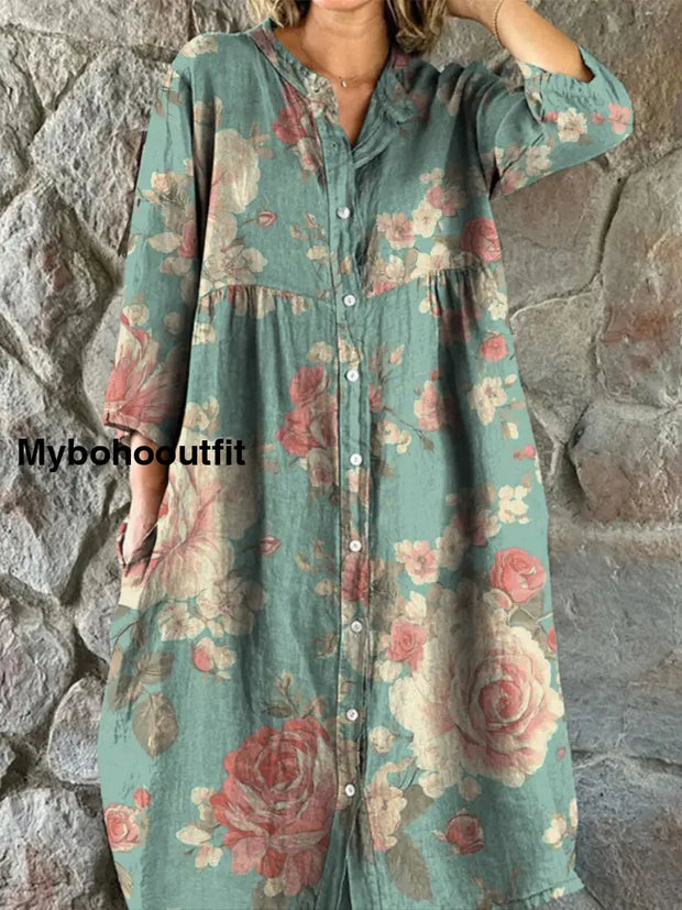 Retro Boho Floral Art Print Vintage Chic V-Neck Button Up Long Sleeve Midi Dress A / S