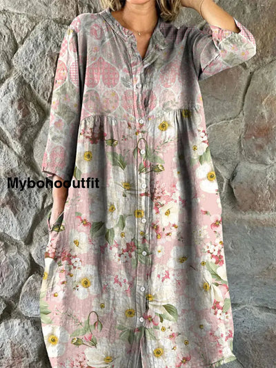 Retro Boho Floral Art Print Vintage Chic V-Neck Button Up Long Sleeve Midi Dress A / S