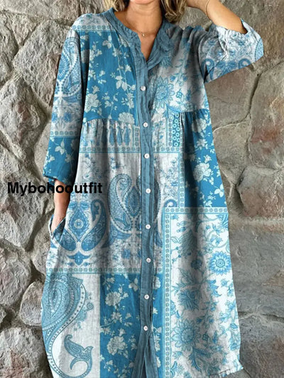 Retro Boho Floral Art Print Vintage Chic V-Neck Button Up Long Sleeve Midi Dress A / S