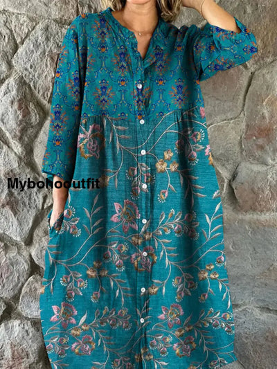 Retro Boho Floral Art Print Vintage Chic V-Neck Button Up Long Sleeve Midi Dress A / S