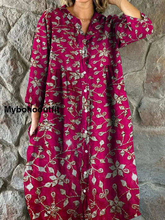 Retro Boho Floral Art Print Vintage Chic V-Neck Button Up Long Sleeve Midi Dress A / S