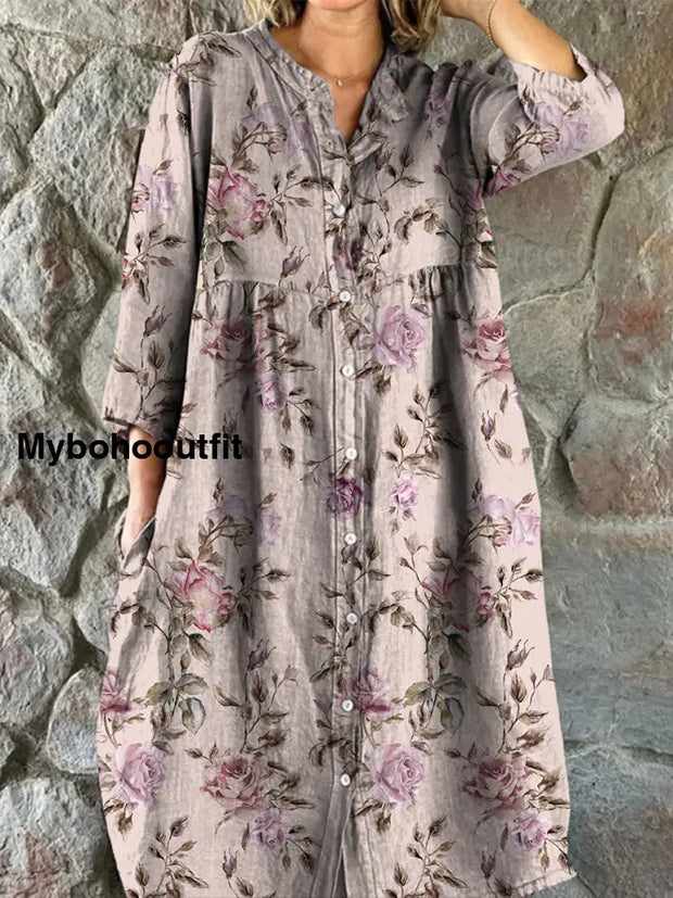 Retro Boho Floral Art Print Vintage Chic V-Neck Button Up Long Sleeve Midi Dress A / S