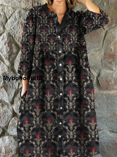 Retro Boho Floral Art Print Vintage Chic V-Neck Button Up Long Sleeve Midi Dress A / S