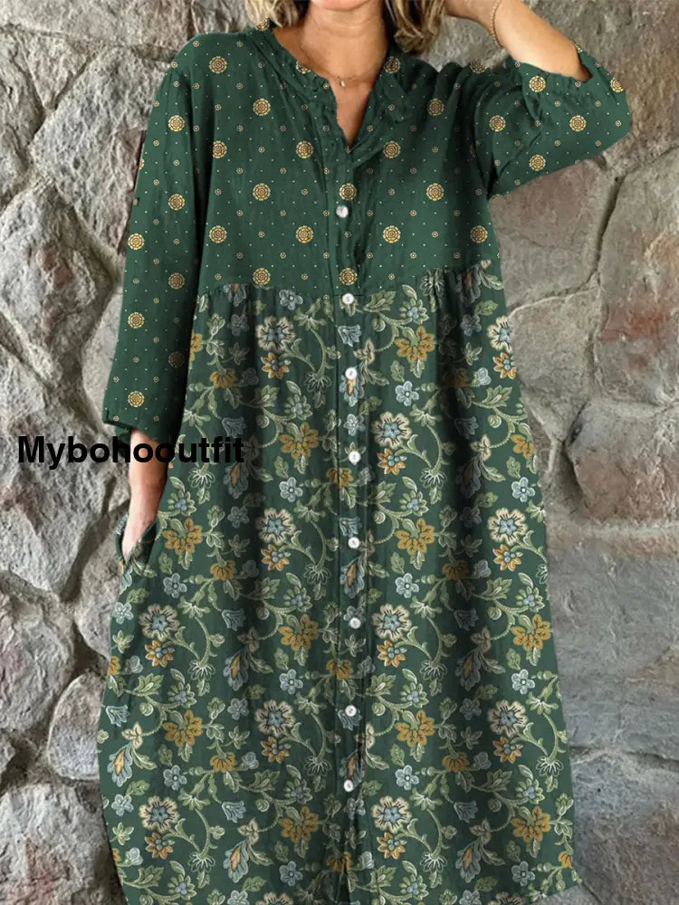 Retro Boho Floral Art Print Vintage Chic V-Neck Button Up Long Sleeve Midi Dress A / S