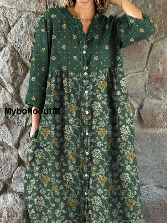 Retro Boho Floral Art Print Vintage Chic V-Neck Button Up Long Sleeve Midi Dress A / S