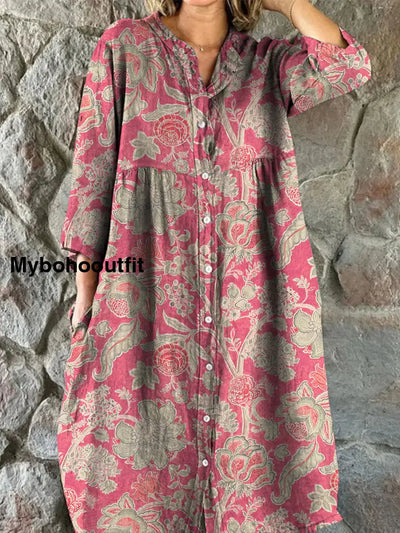 Retro Boho Floral Art Print Vintage Chic V-Neck Button Up Long Sleeve Midi Dress A / S