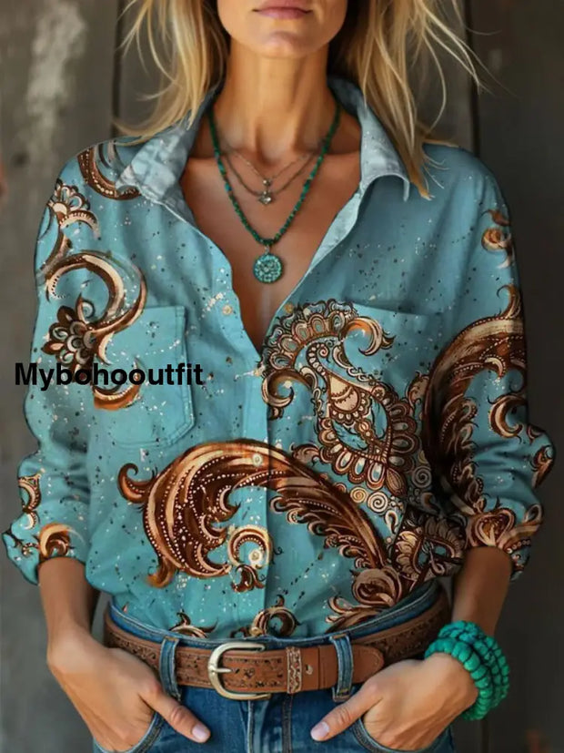 Retro Boho Floral Art Print Vintage Chic V-Neck Button Up Long Sleeve Shirt A / S