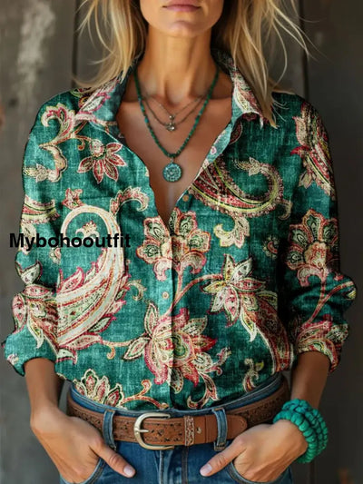 Retro Boho Floral Art Print Vintage Chic V-Neck Button Up Long Sleeve Shirt A / S